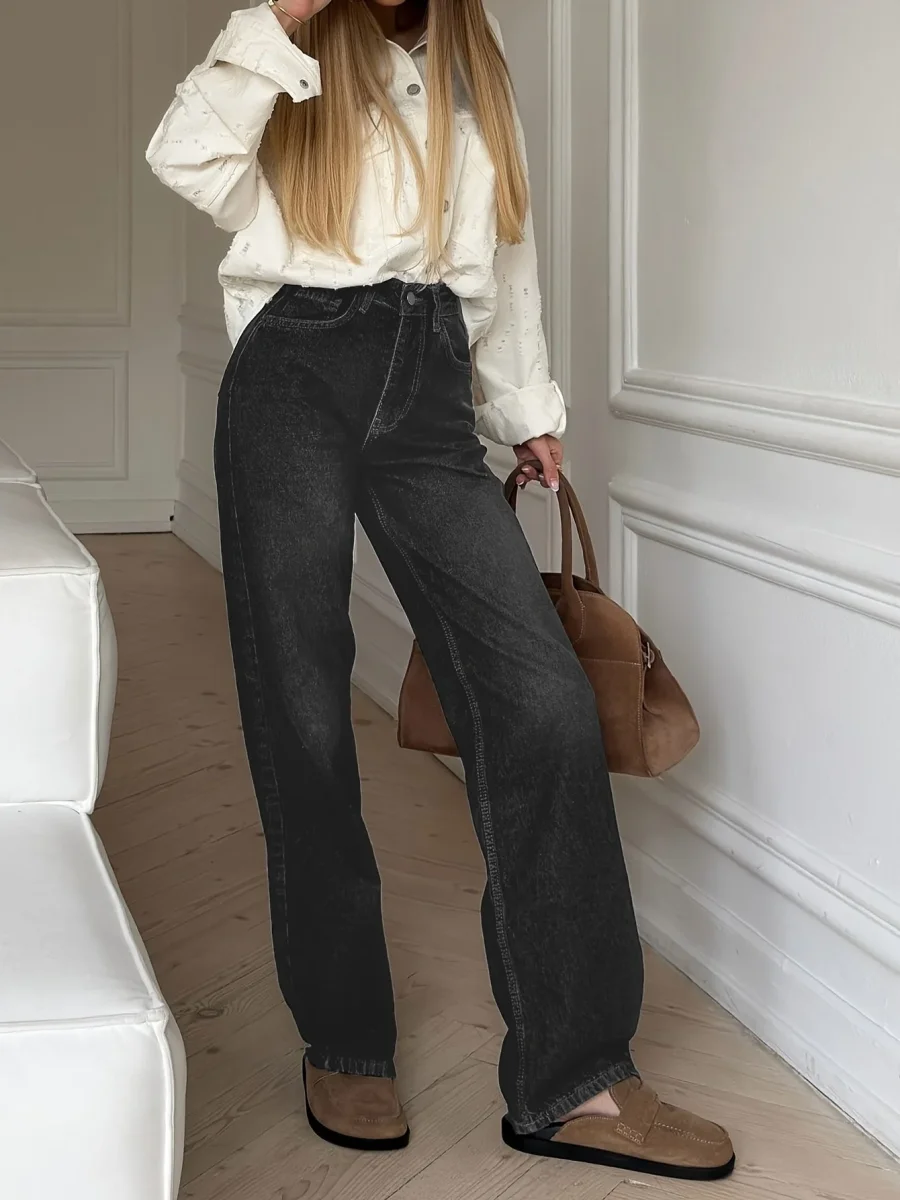 Jean large délavé taille haute Femme bleu ou gris coupe droite - Imagen 8