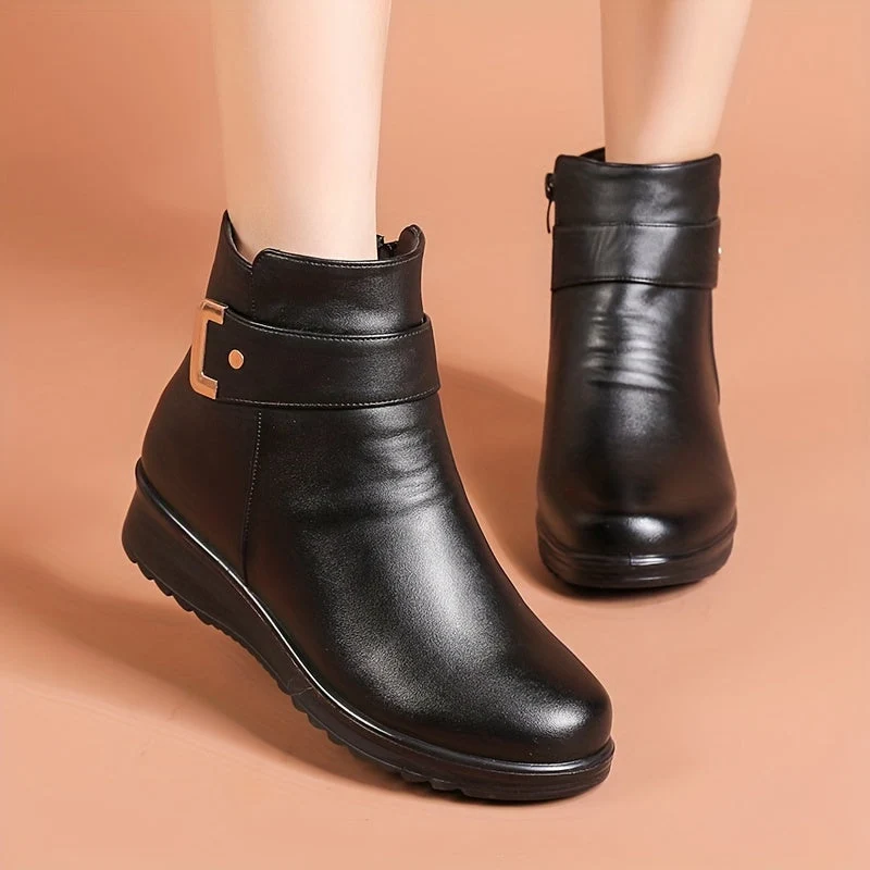 Bottines Femme doublées Chaudes Marron avec Sangle et Boucle Dorée - Imagen 3
