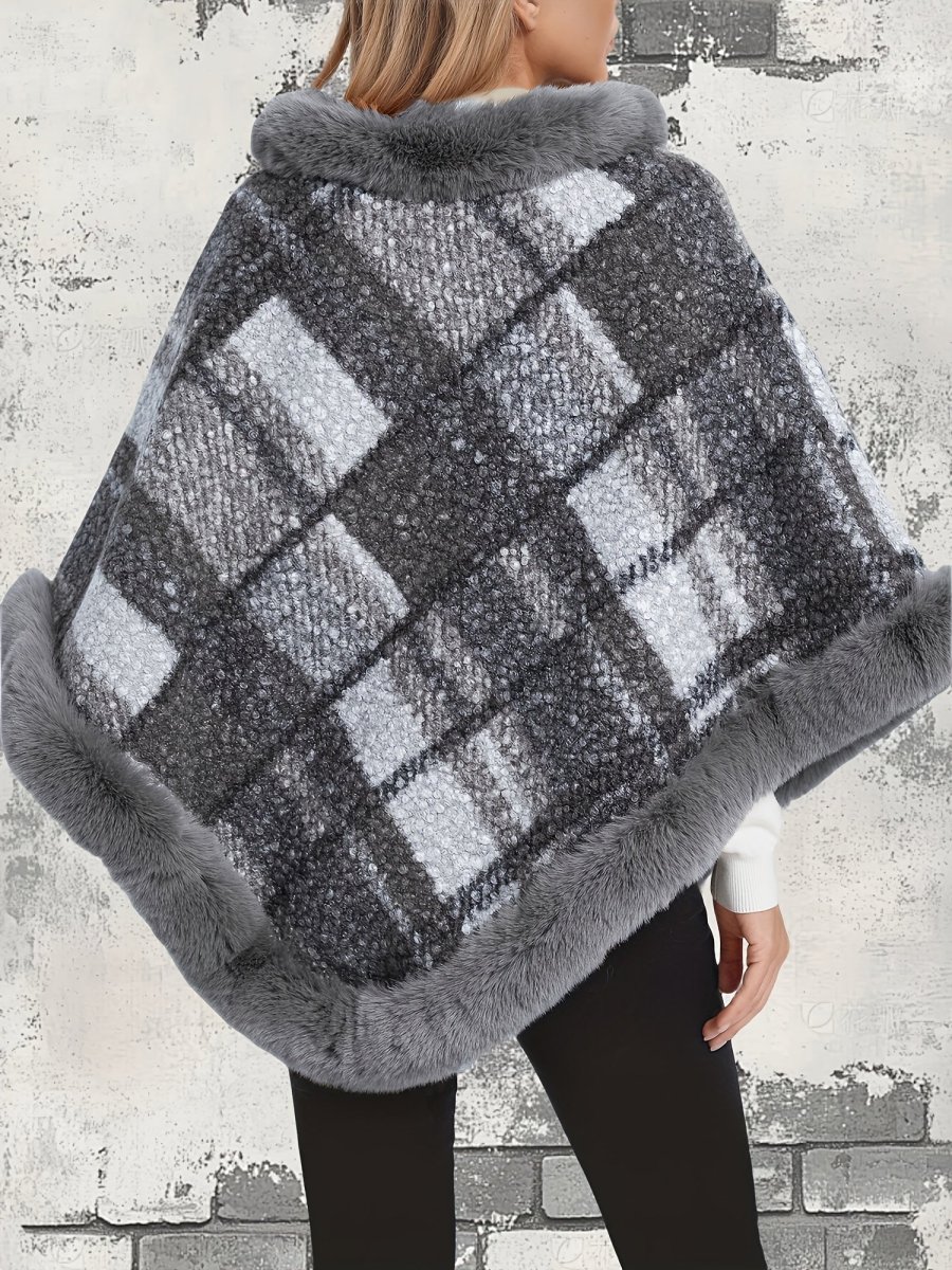 Poncho Femme Chaud Motifs Géométriques et Bordures Imitation Fourrure - Imagen 7