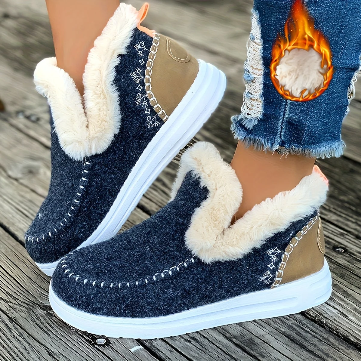 Chaussons montants doublés en fourrure pour femme, style mocassin, diverses couleurs - Imagen 2