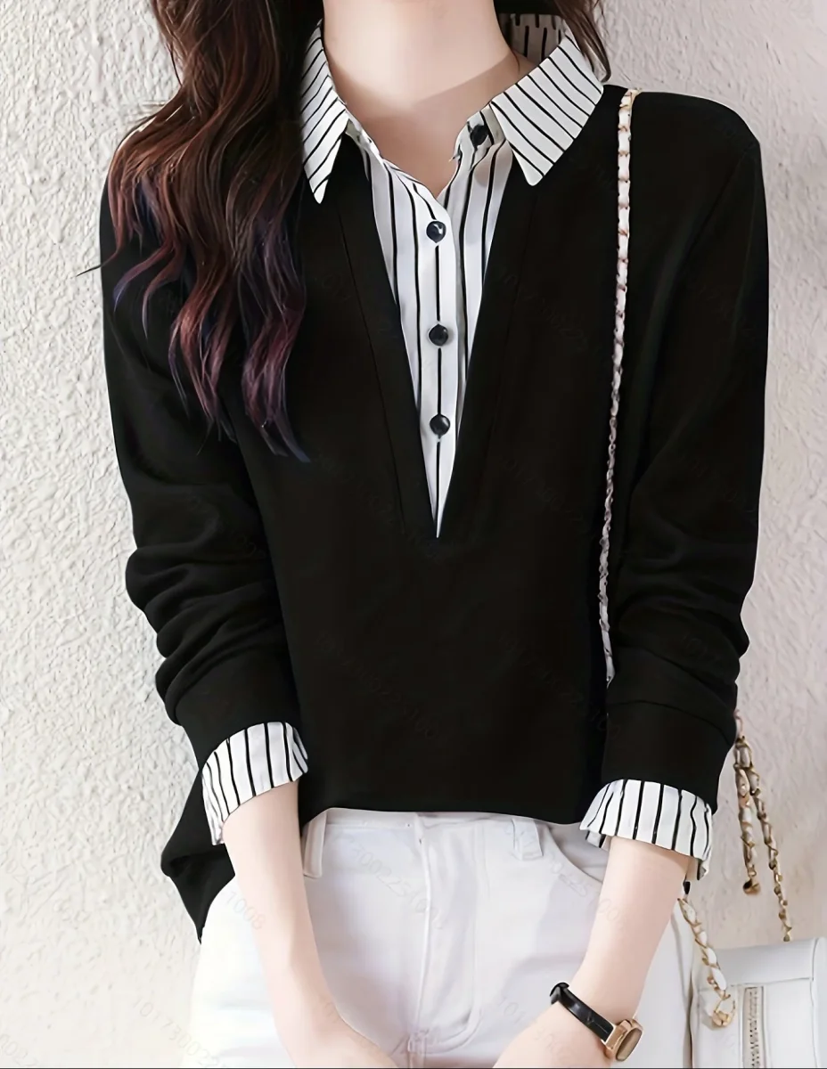 T-shirt Femme Col Chemise Rayé Manches Longues Faux Deux Pièces - Imagen 3
