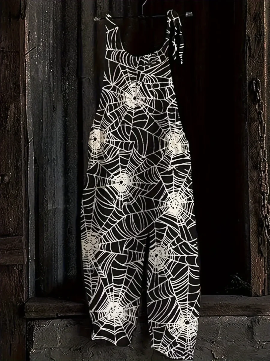 Combinaison pantalon femme noire à motif toile d'araignée bretelles fines - Imagen 3