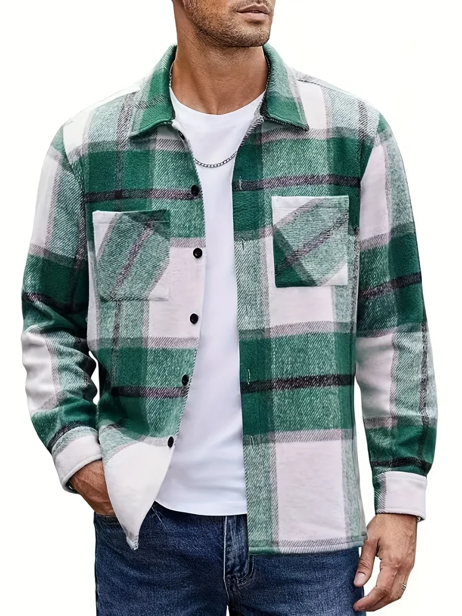 Chemise à carreaux homme coupe décontractée avec poches boutonnées marron clair et blanc - Imagen 6