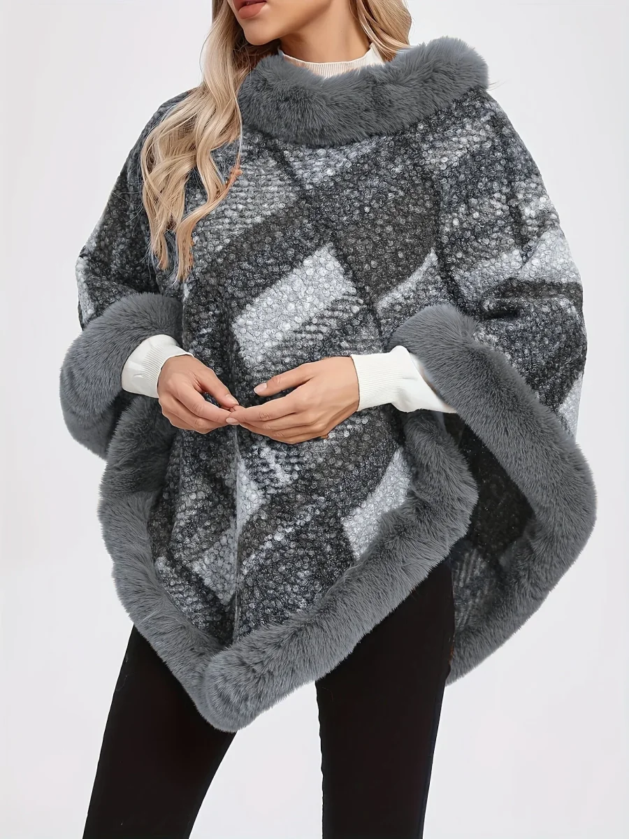 Poncho Femme Chaud Motifs Géométriques et Bordures Imitation Fourrure - Imagen 3