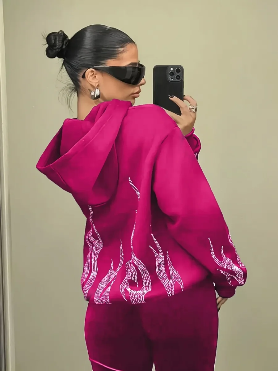 Sweat à Capuche Femme Décontracté Noir Flammé Strass Manches Longues - Imagen 5