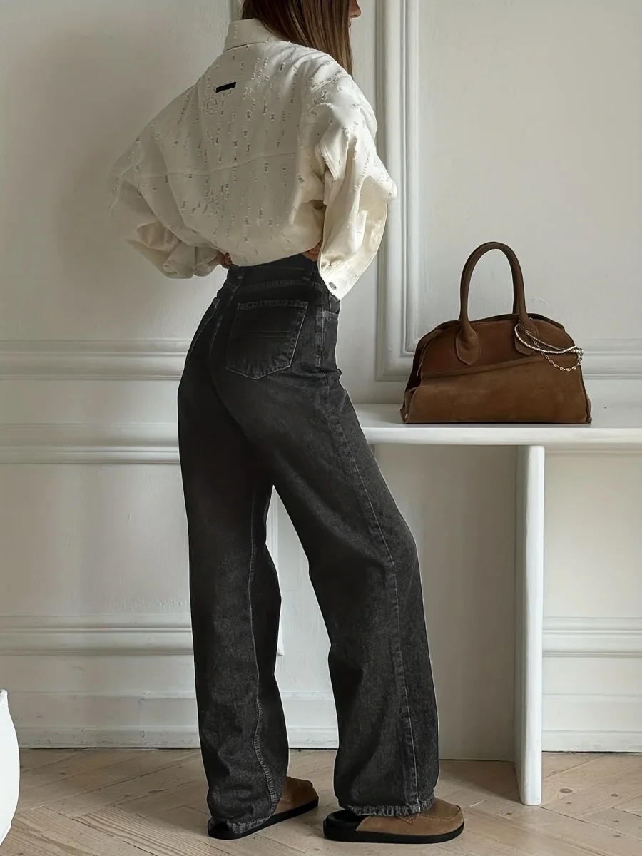 Jean large délavé taille haute Femme bleu ou gris coupe droite - Imagen 5