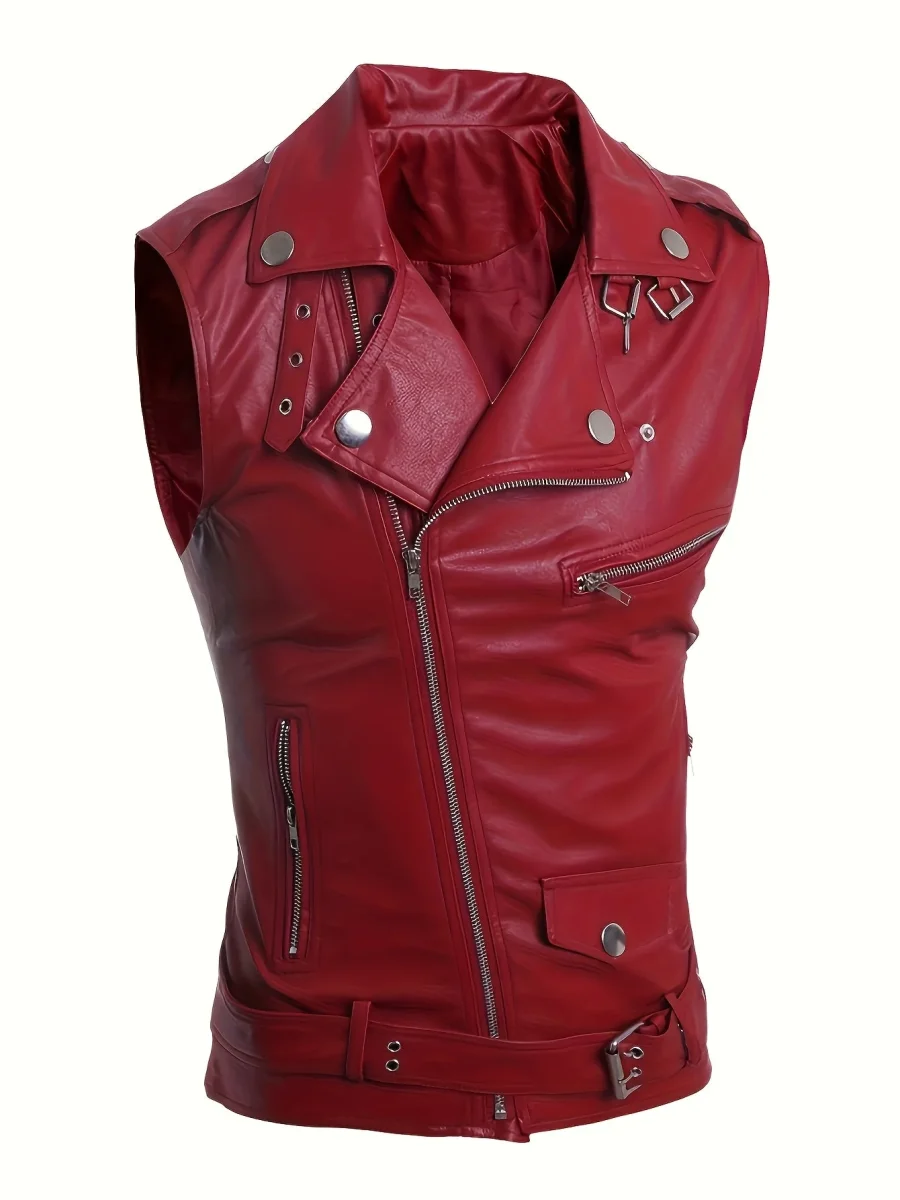 Gilet de style motard en similicuir sans manches avec fermeture éclair asymétrique - Imagen 3