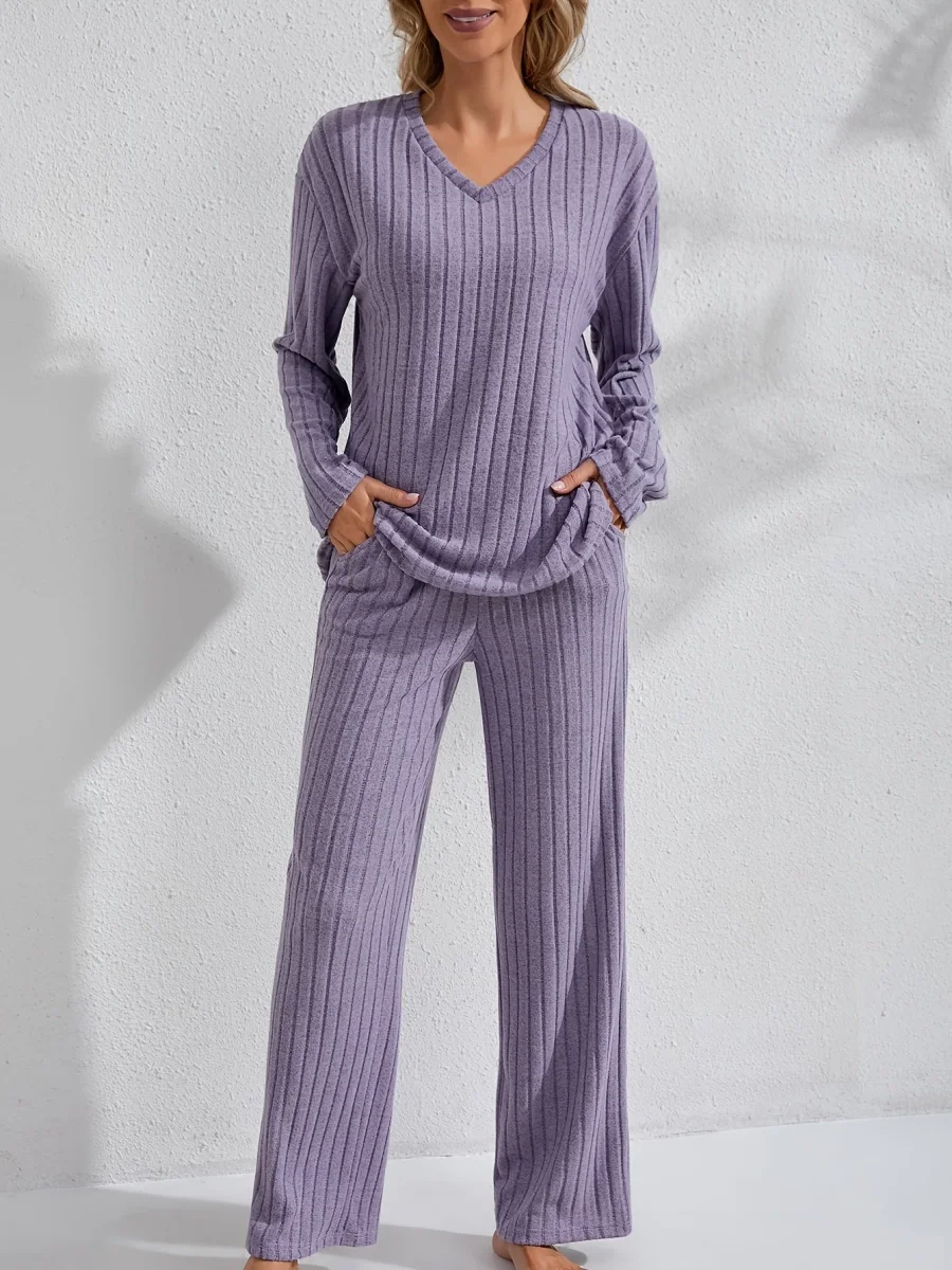 Ensemble détente côtelé Femme col V, pantalon large et haut manches longues - Imagen 4