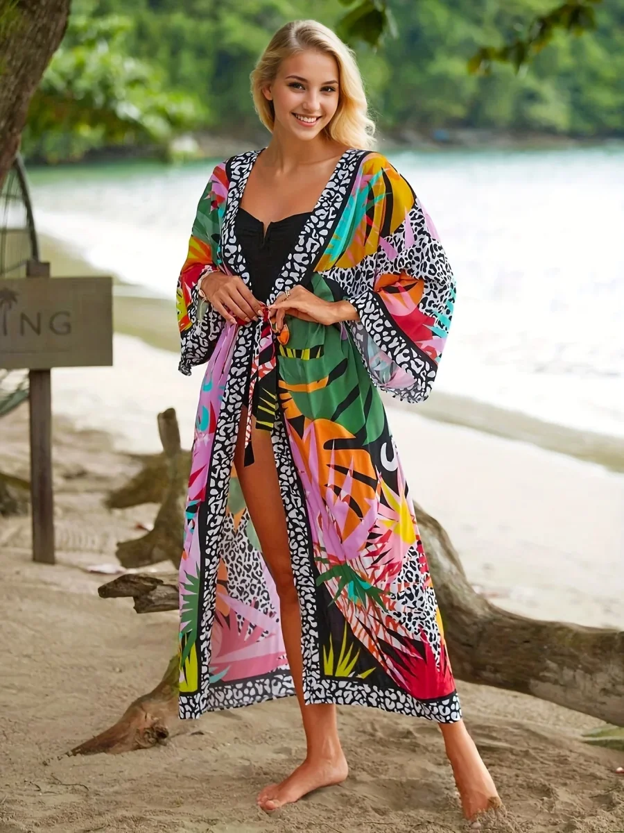 Kimono Long de Plage pour Femme Style Tropical Graphique et Animalier - Idéal Vacances et Bord de Mer - Imagen 3