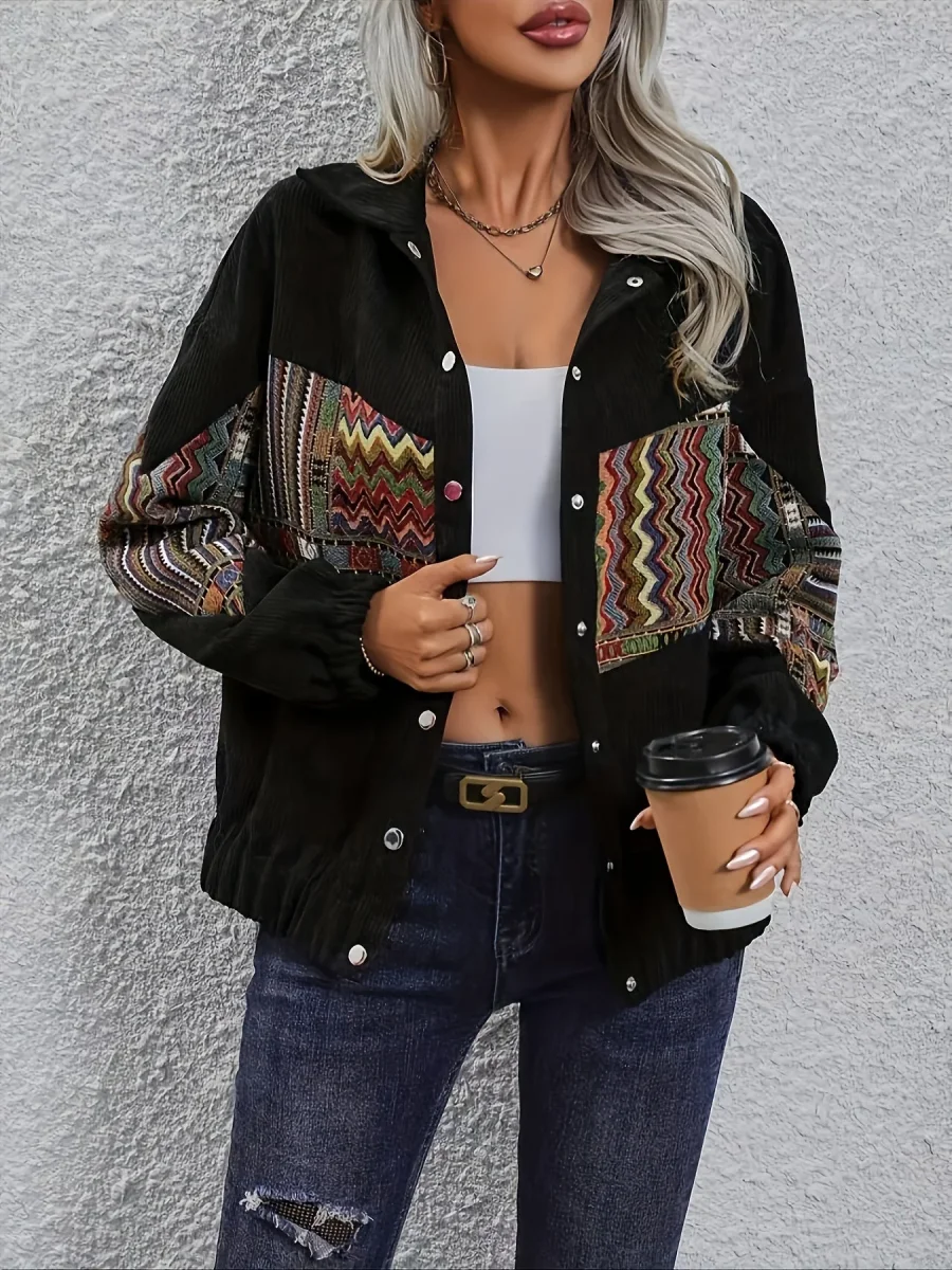 Veste bombardier femme noire en velours côtelé avec empiècements à motifs ethniques colorés - Imagen 5