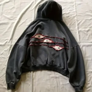 Sweat à Capuche Gris Anthracite Ample avec Motifs Yeux Stylisés