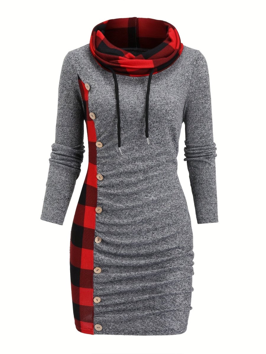 Robe Pull Courte Femme avec Col Cheminée et Motif Carreaux Bicolores - Imagen 5