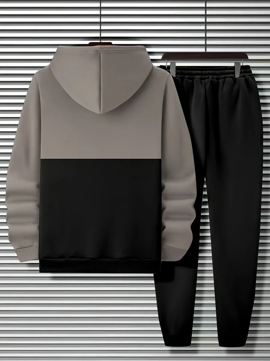 Ensemble Survêtement Homme Bicolore à Capuche et Bandes Horizontales Gris et Noir - Imagen 7