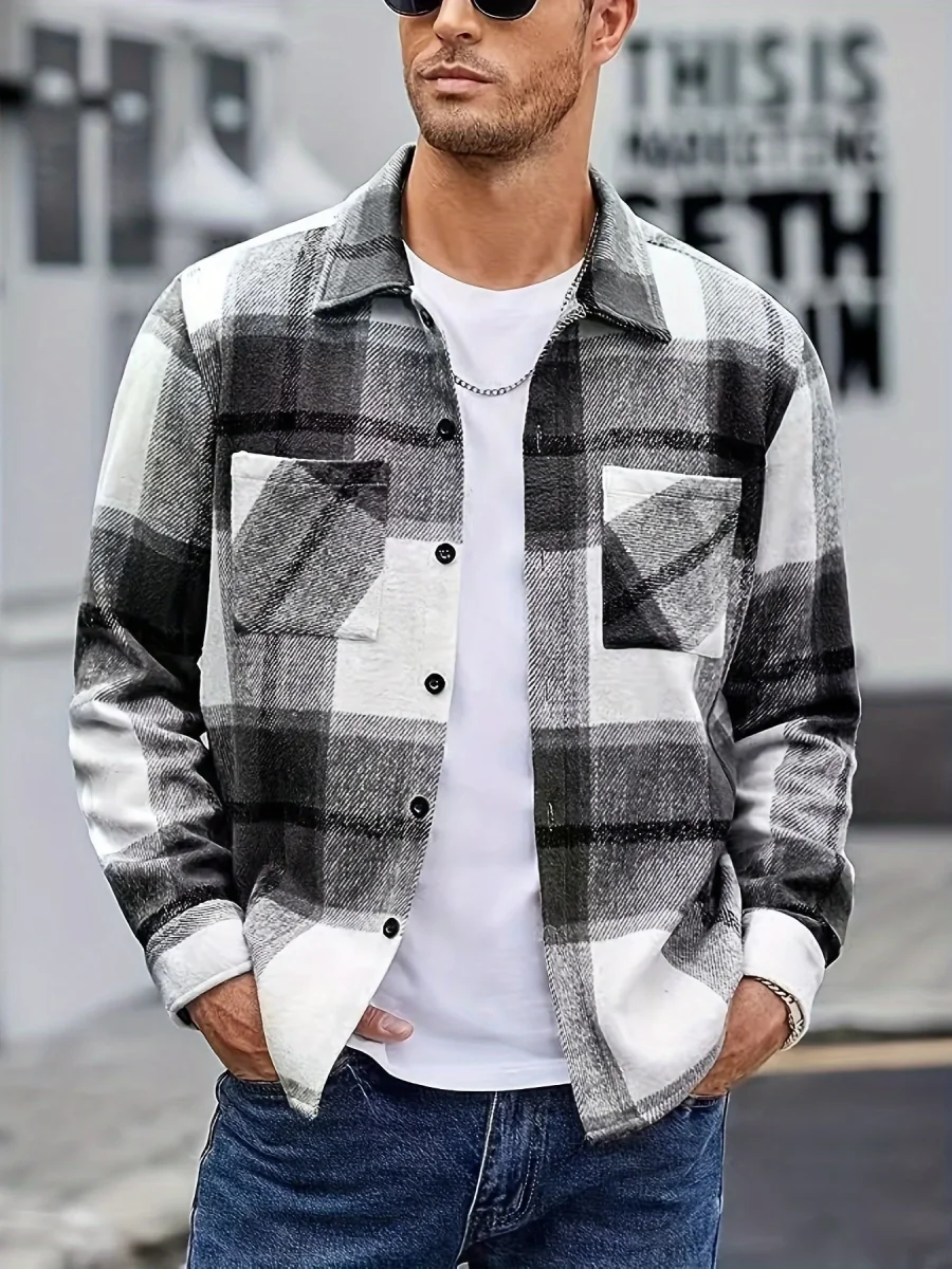 Chemise à carreaux homme coupe décontractée avec poches boutonnées marron clair et blanc - Imagen 7