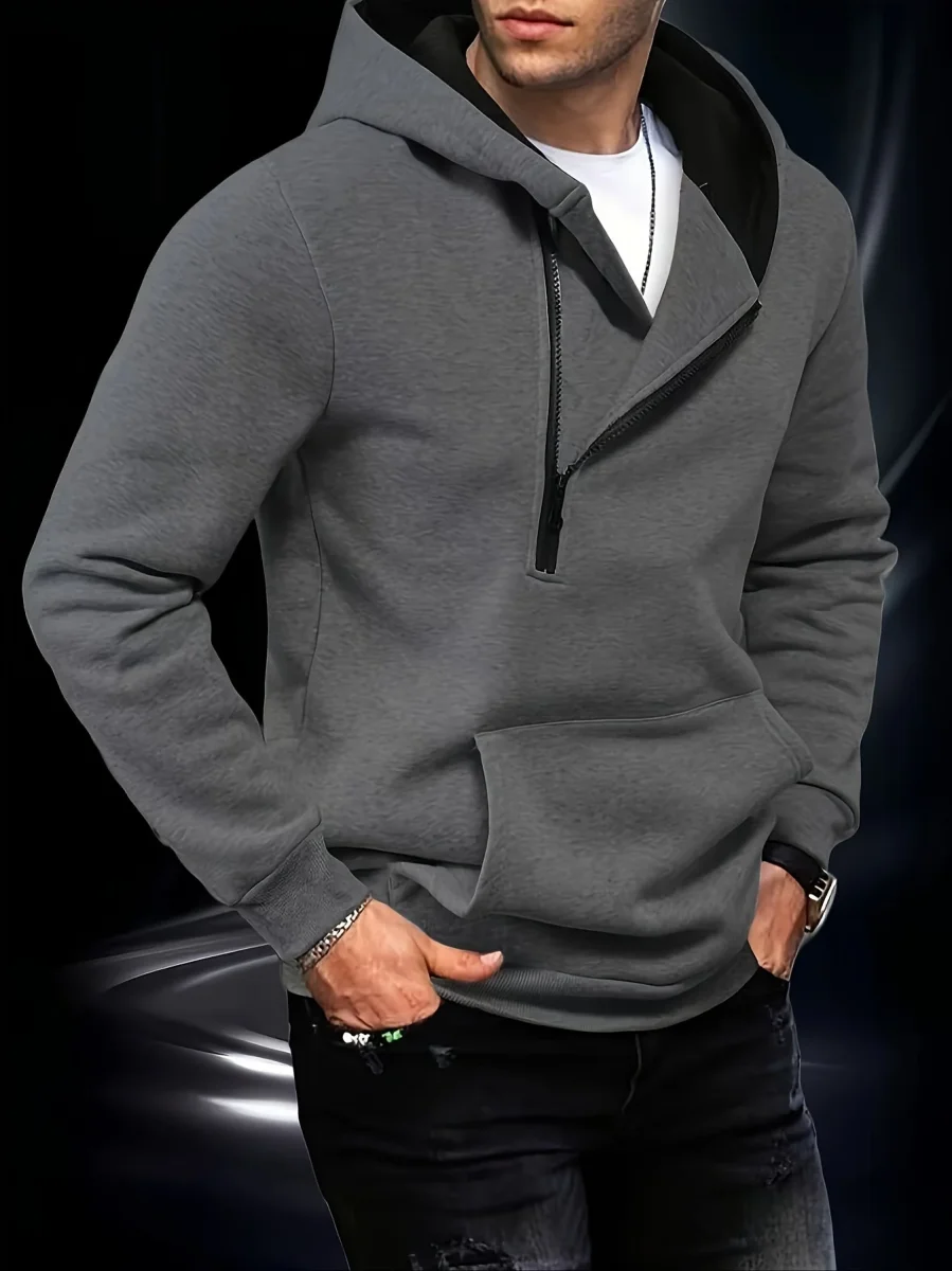 Sweat à Capuche Homme Zippé Asymétrique Couleur Unie avec Poche Kangourou - Imagen 5