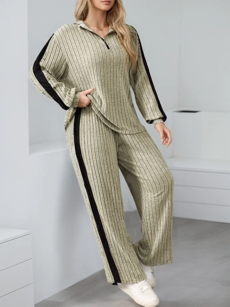 Ensemble côtelé Femme col zippé rayures latérales contrastantes - Imagen 3