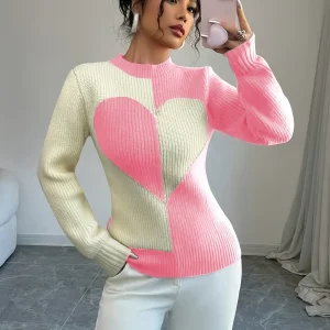 Pull femme bicolore côtelé à motif cœur, col montant, manches longues