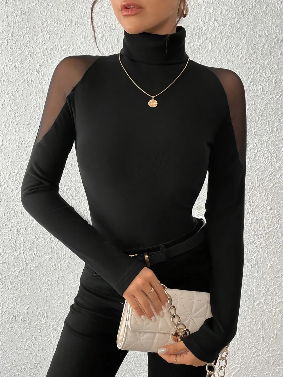 Haut moulant femme col roulé noir manches longues transparentes épaules - Imagen 7