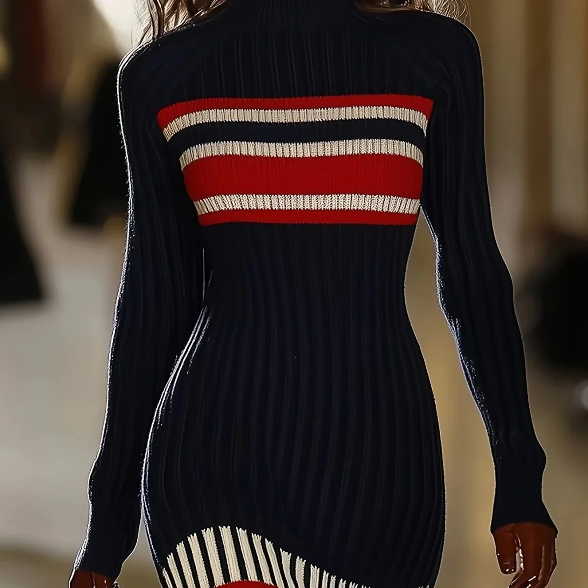 Robe côtelée moulante femme bleue marine à col roulé rayures rouge et blanc - Imagen 9