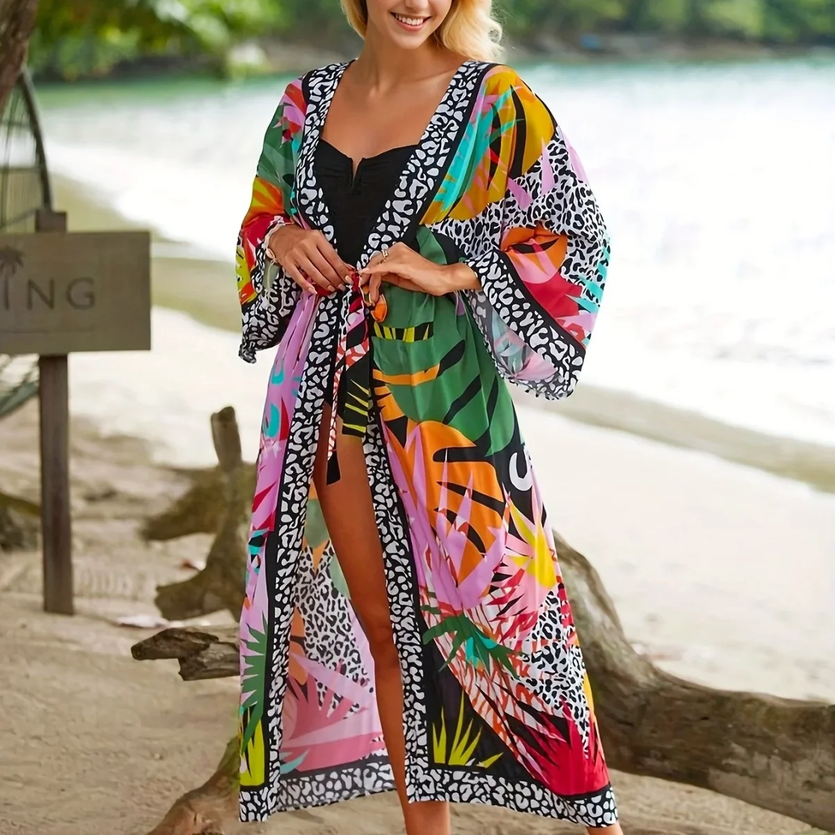 Kimono Long de Plage pour Femme Style Tropical Graphique et Animalier - Idéal Vacances et Bord de Mer - Imagen 8