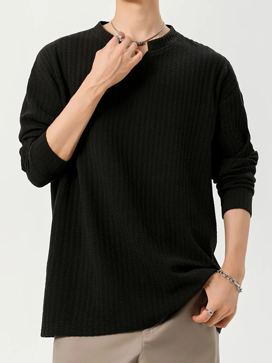 T-shirt Homme Manches Longues Texture Texturée Col V Doux Couleur Unie - Imagen 3