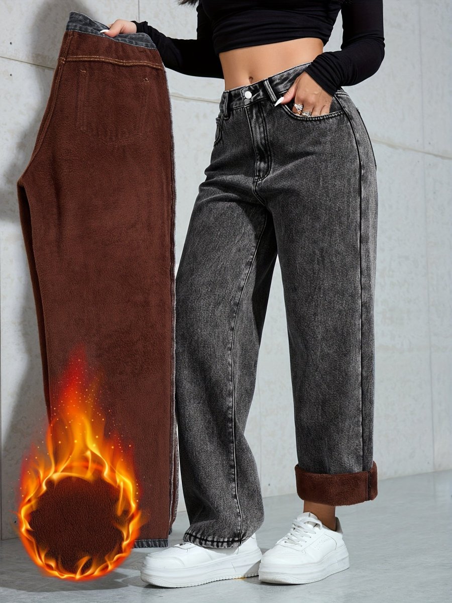 Jean large délavé femme doublé marron taille haute - Imagen 3