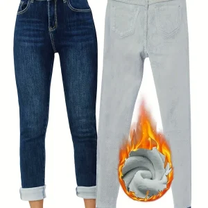 Jean Femme doublé polaire coupe droite bleu foncé chaud