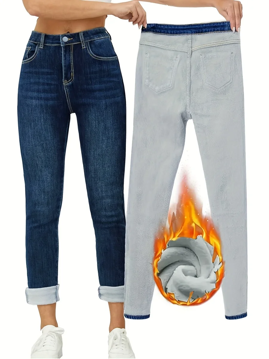 Jean Femme doublé polaire coupe droite bleu foncé chaud - Imagen 2