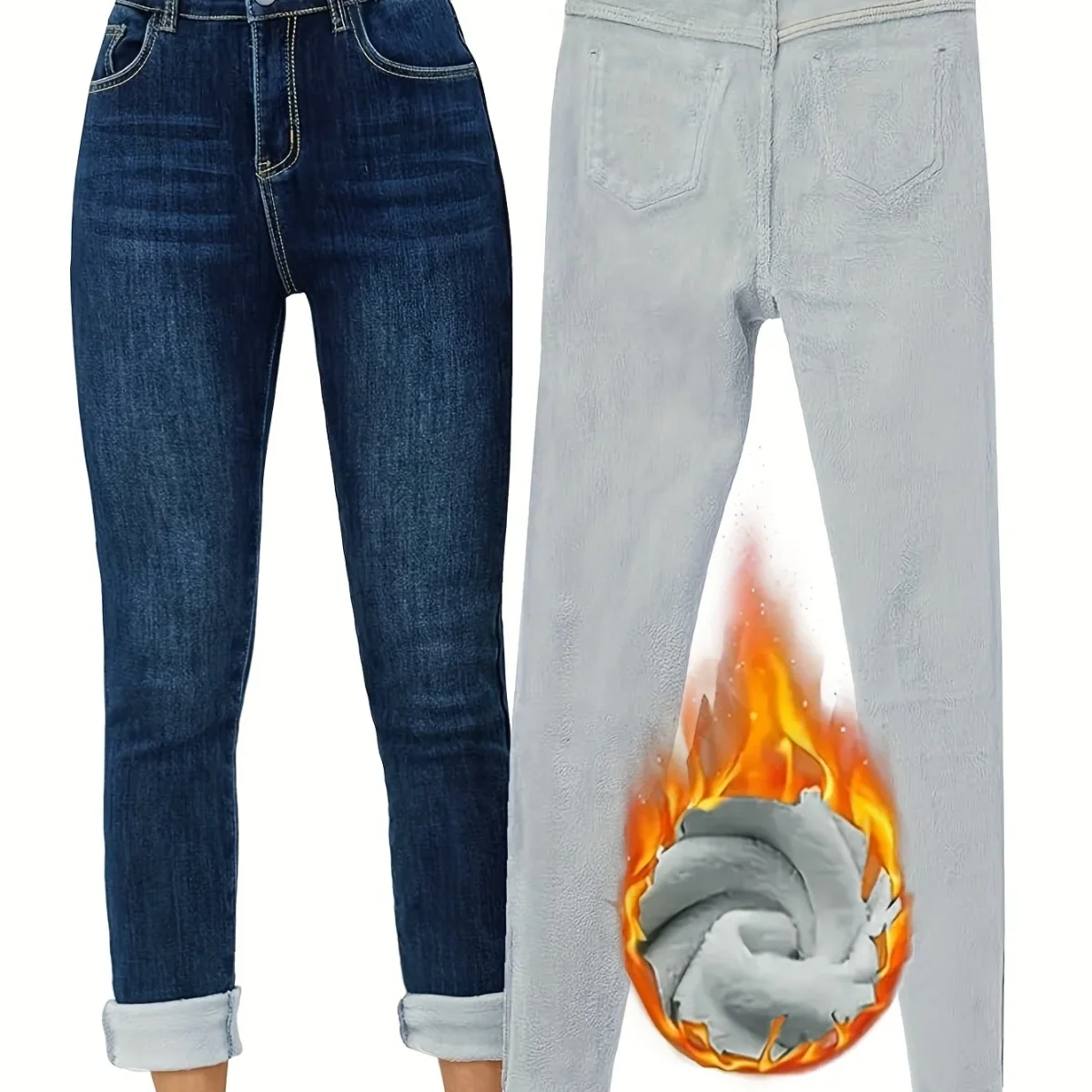 Jean Femme doublé polaire coupe droite bleu foncé chaud - Imagen 8