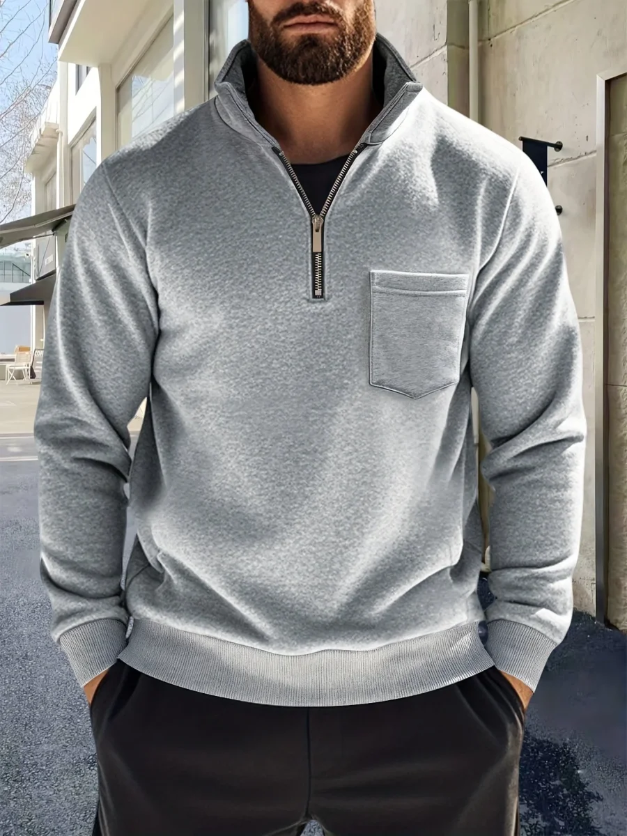Sweat-shirt Homme Col Montant Zippé avec Poche Poitrine Couleur Unie - Imagen 3