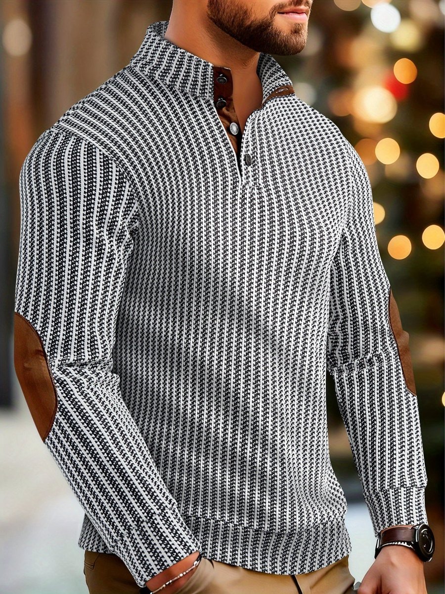 Pull homme à col montant boutonnable, motif tissé et empiècements aux coudes - Imagen 4