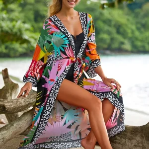 Kimono Long de Plage pour Femme Style Tropical Graphique et Animalier - Idéal Vacances et Bord de Mer