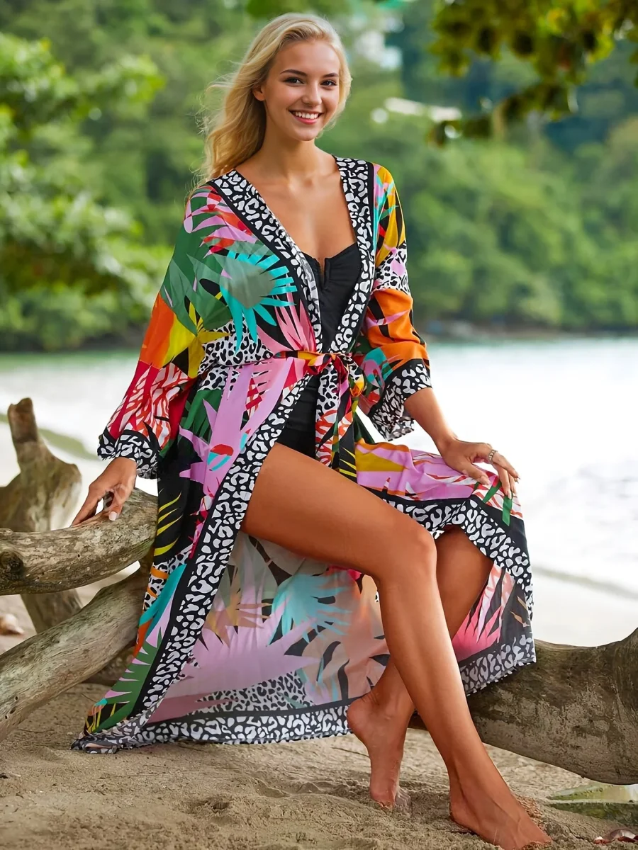 Kimono Long de Plage pour Femme Style Tropical Graphique et Animalier - Idéal Vacances et Bord de Mer - Imagen 2