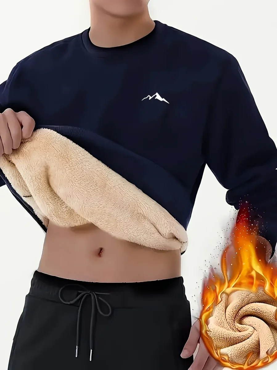 Sweat-shirt homme chaud col rond doublé molletonné avec motif montagne - Imagen 7