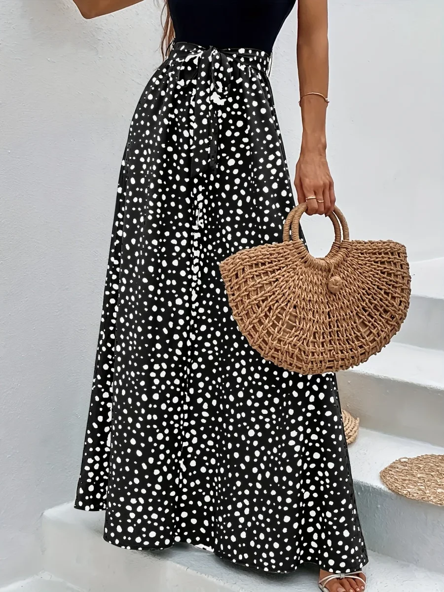 Pantalon large à pois femme style élégant pour printemps/été avec ceinture nouée - Imagen 6