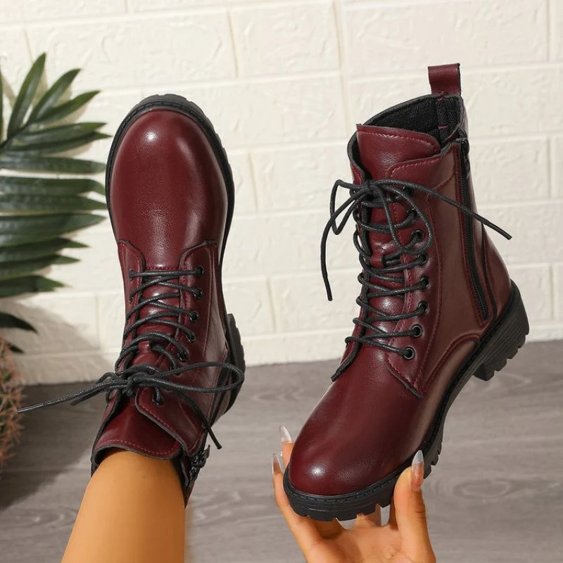 Bottes chelsea femme bordeaux à lacets et fermeture éclair latérale, semelle épaisse - Imagen 4
