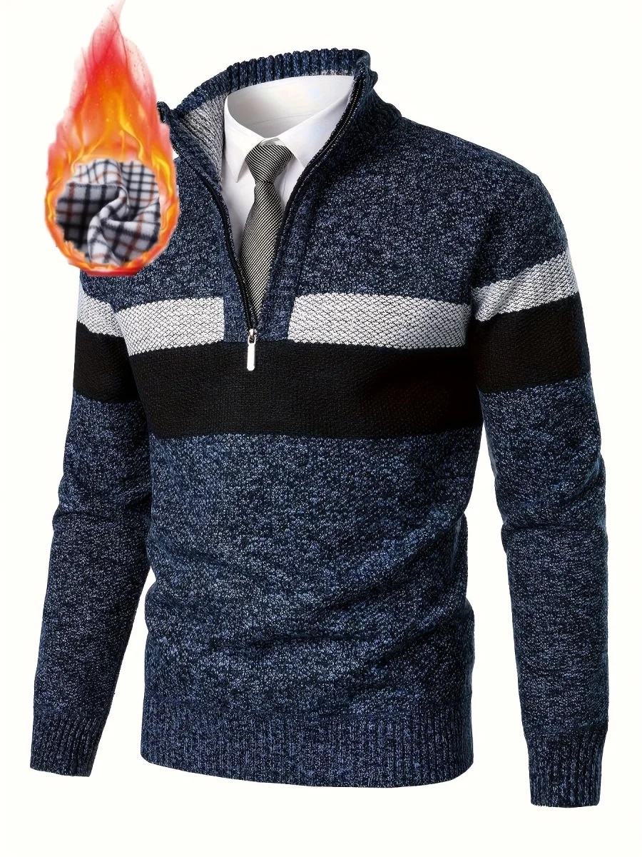 Pull homme tricoté à rayures, col montant zippé, doublure polaire beige et marron - Imagen 9