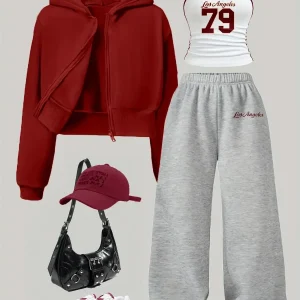 Ensemble Sportif Décontracté Femme 3 Pièces : Sweat à Capuche Court Zippé, Débardeur Halter et Pantalon Large Molletonné
