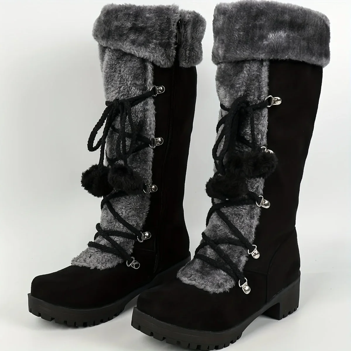 Bottes Femme Noires Mi-Mollet Effet Daim avec Doublure Fourrure Grise et Lacets Décoratifs - Imagen 3
