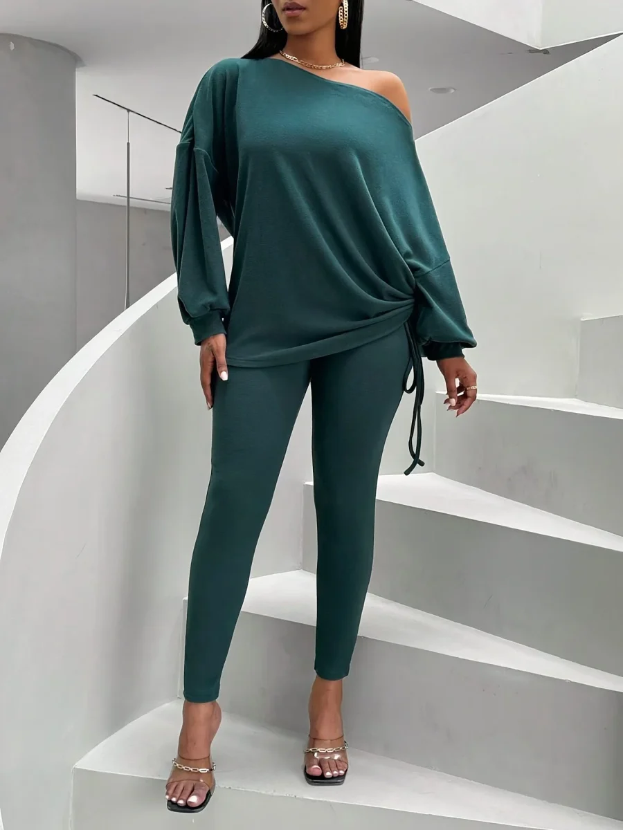 Ensemble pull col bateau et legging côtelé femme vert foncé - Imagen 6