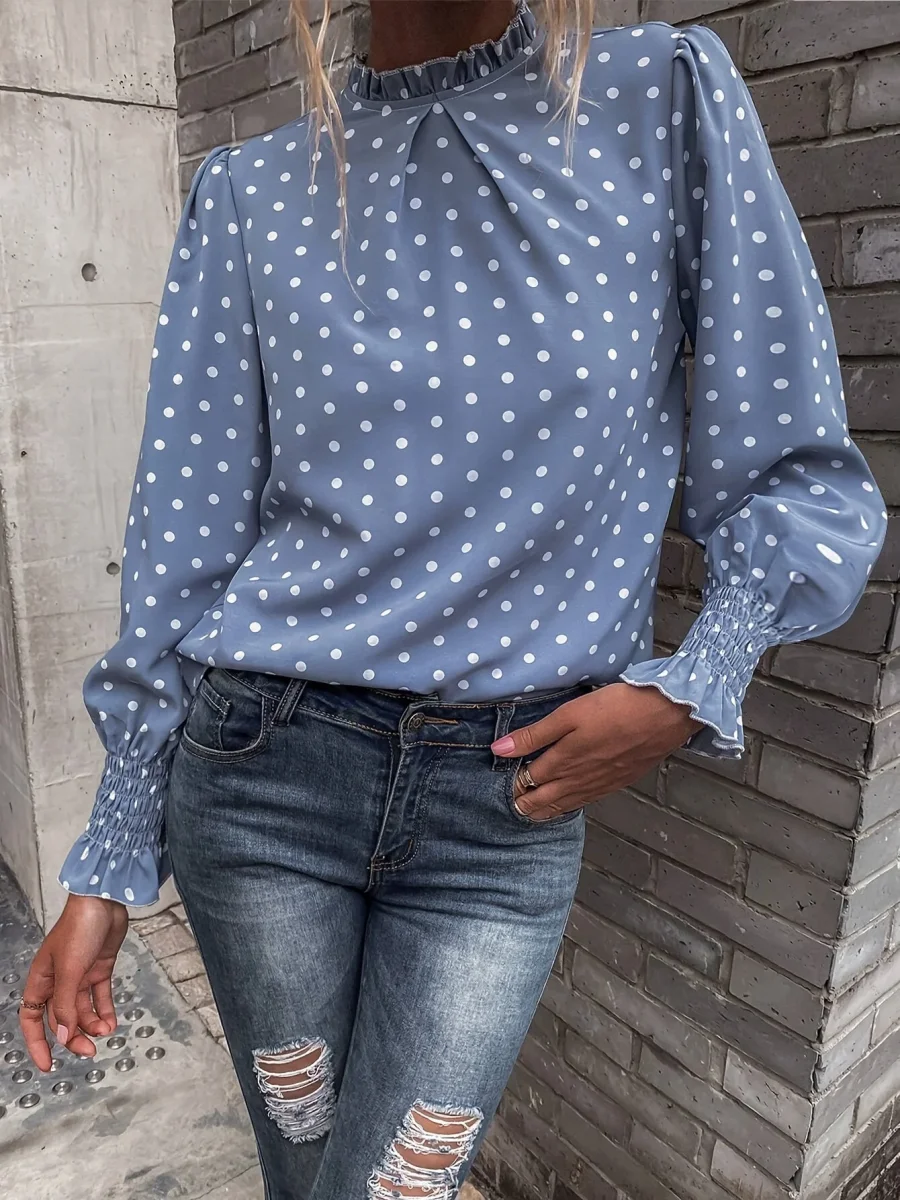 Chemisier Femme à Pois Col Montant Manches Longues Bleue - Imagen 5