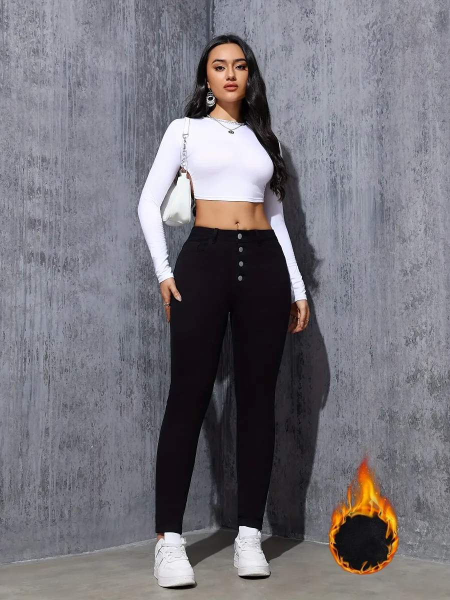 Jean Skinny Femme Noir Taille Haute à Boutons Doublé Chaud - Imagen 6