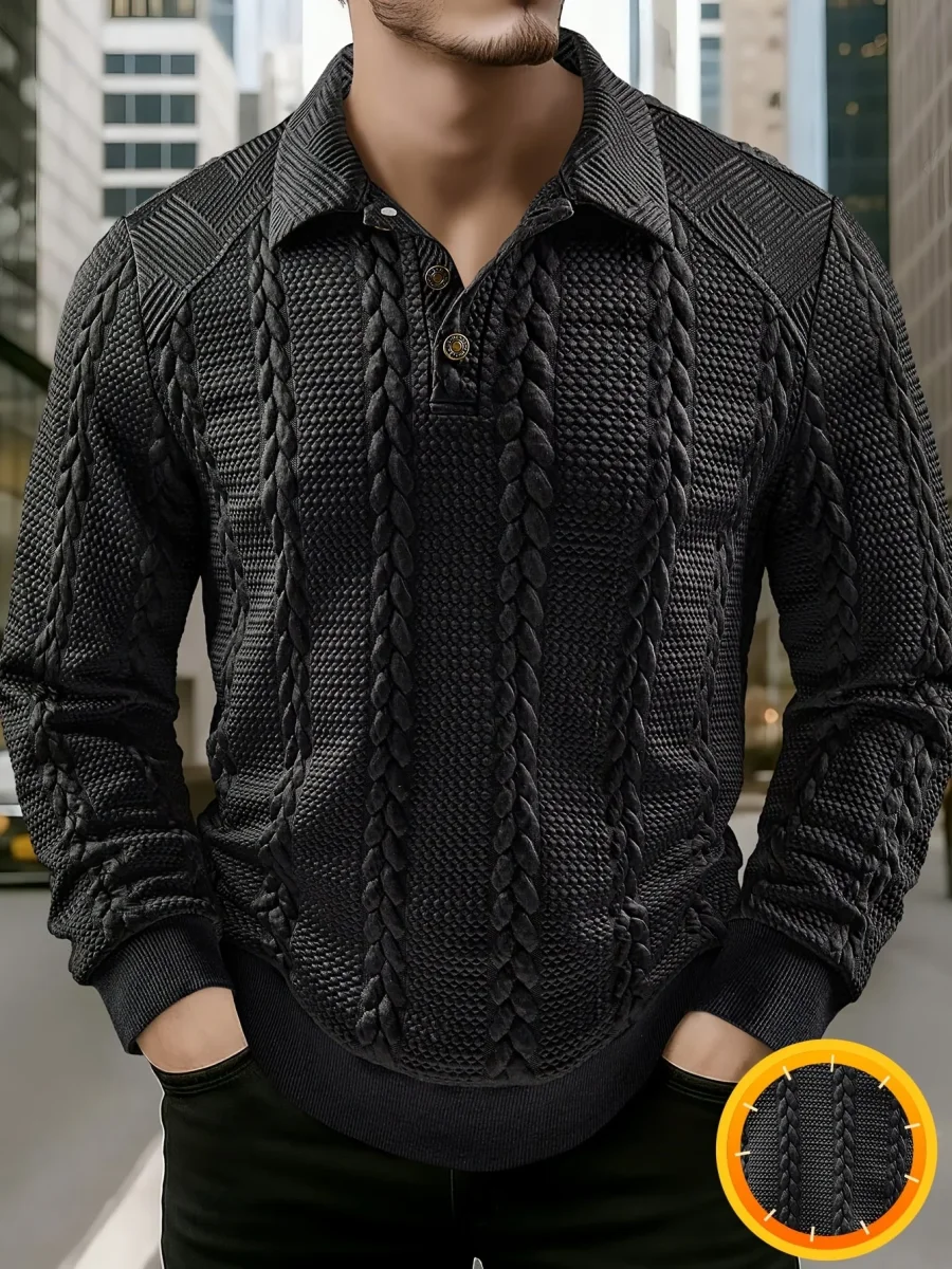 Polo homme tricoté à manches longues noir, col texturé, motif torsadé - Imagen 3