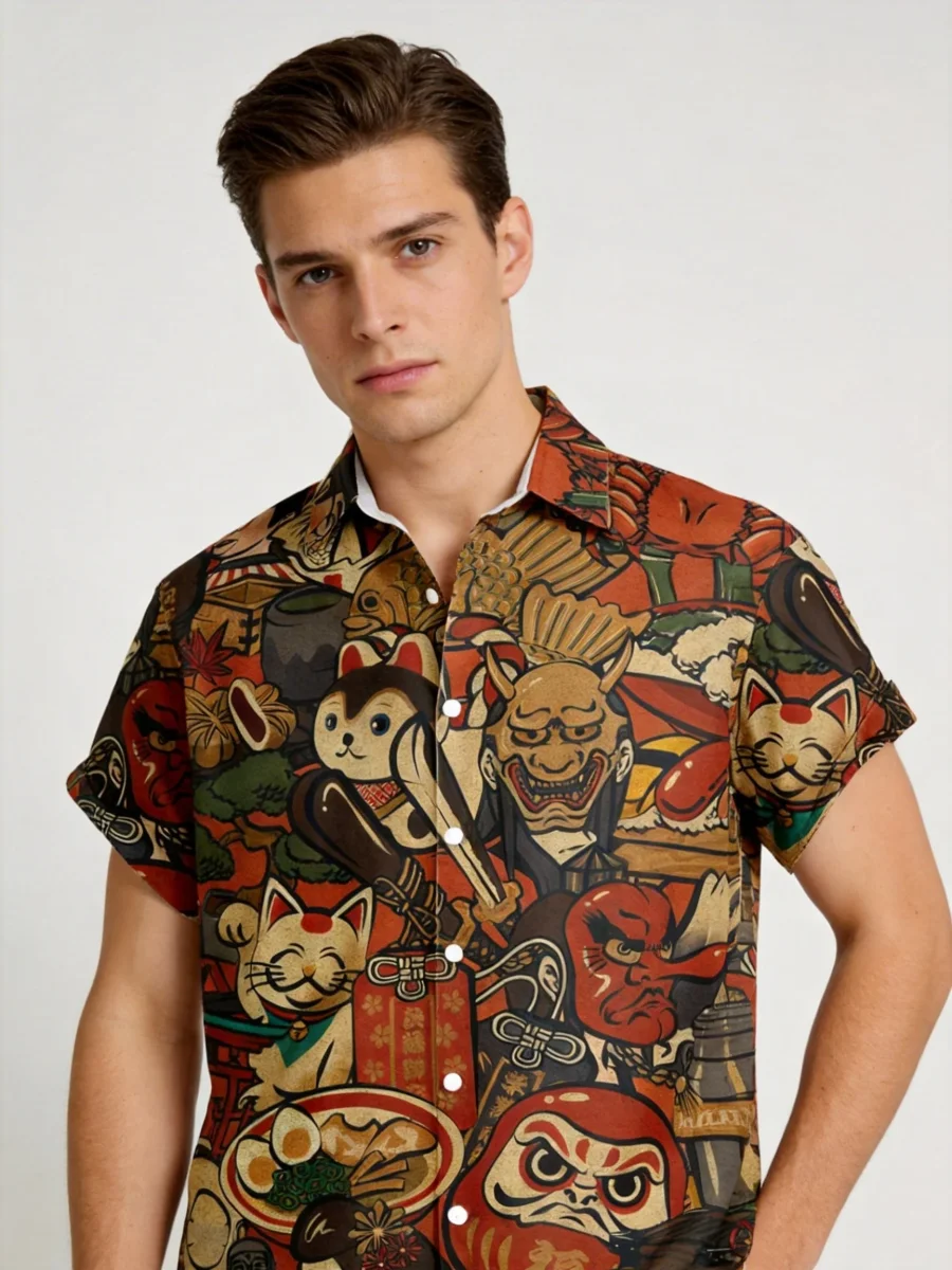 Chemise homme à manches courtes style japonais graphique casual fête vacances - Imagen 3