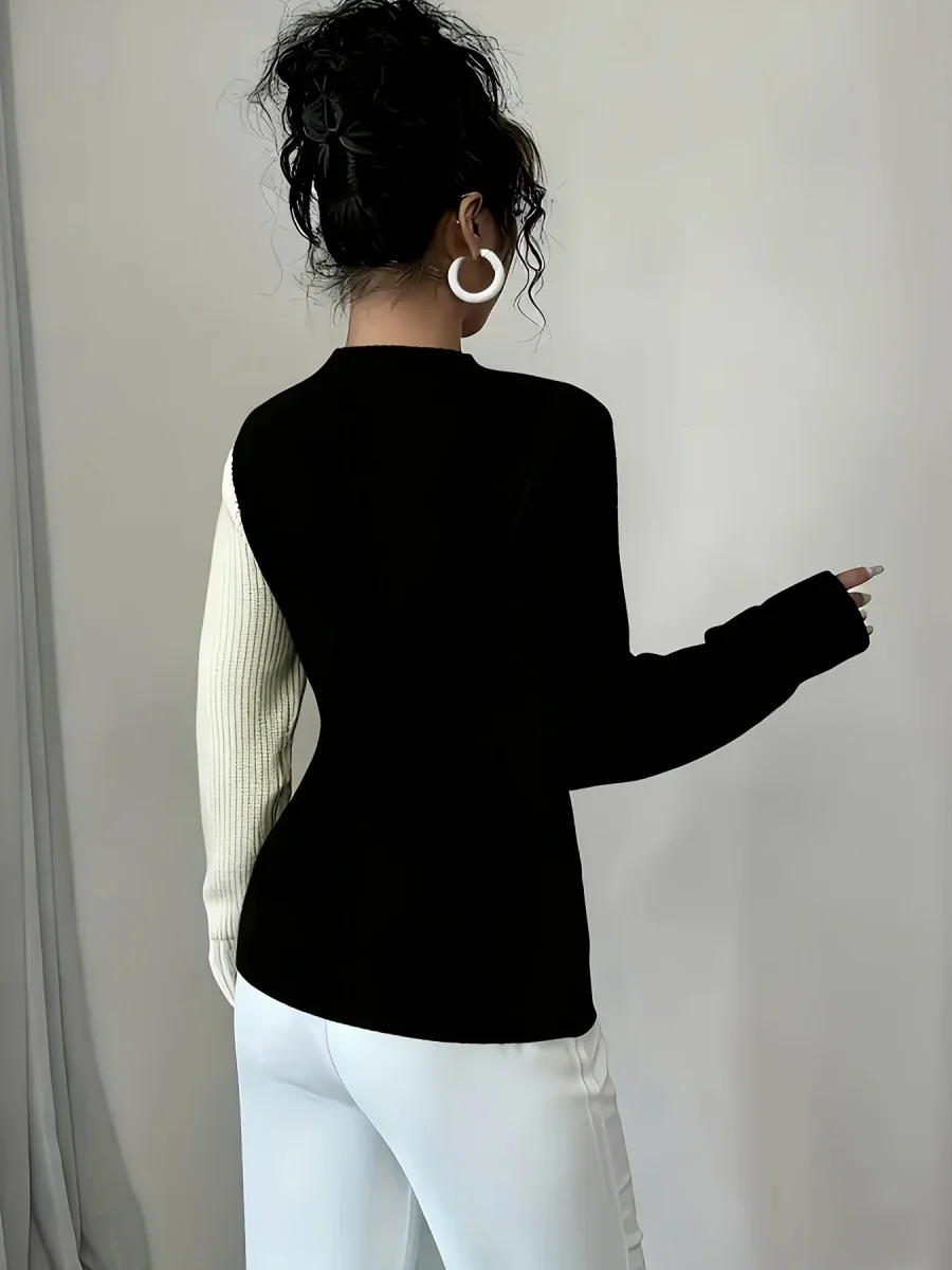 Pull femme bicolore côtelé à motif cœur, col montant, manches longues - Imagen 8