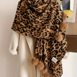 Écharpe large motif animalier avec pompons pour femme