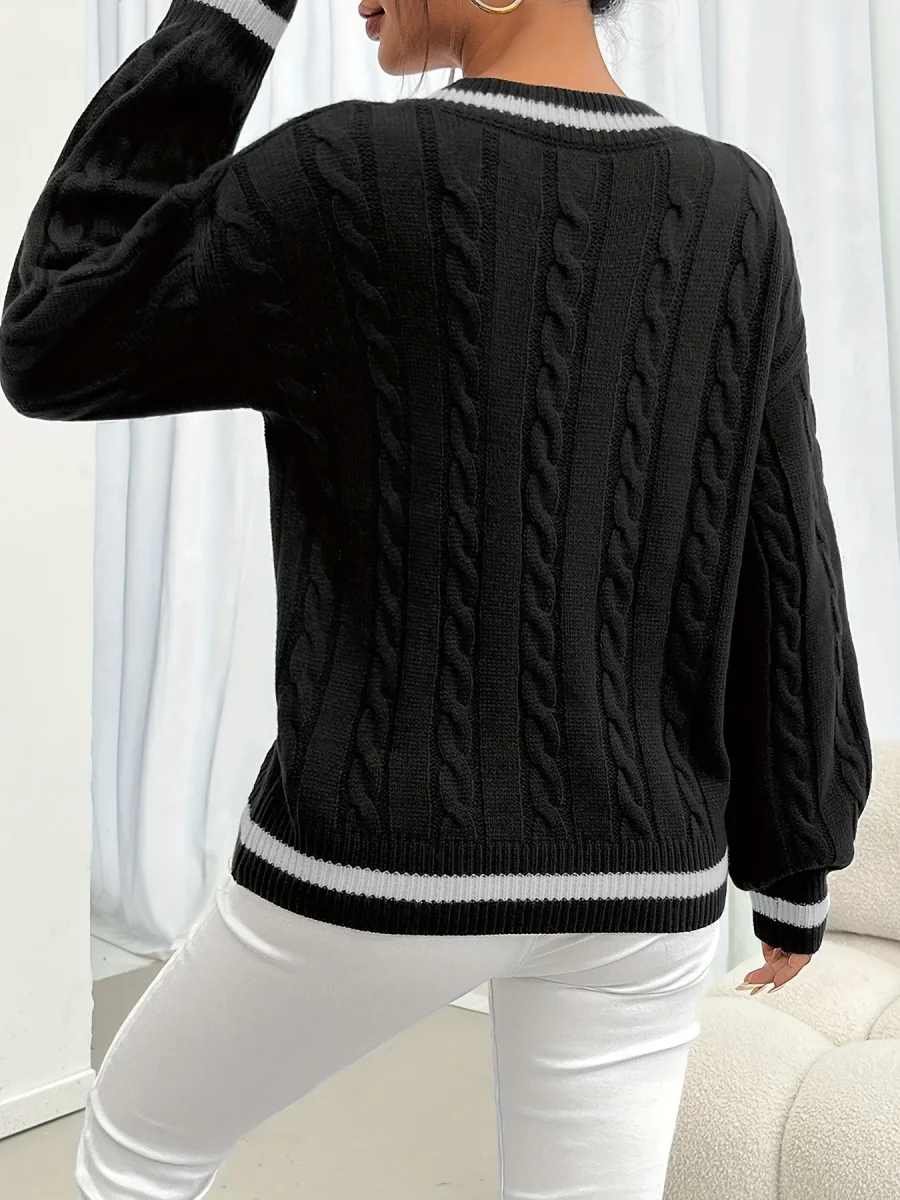 Pull col V torsadé rayé pour femme - Manches longues bouffantes - Imagen 4