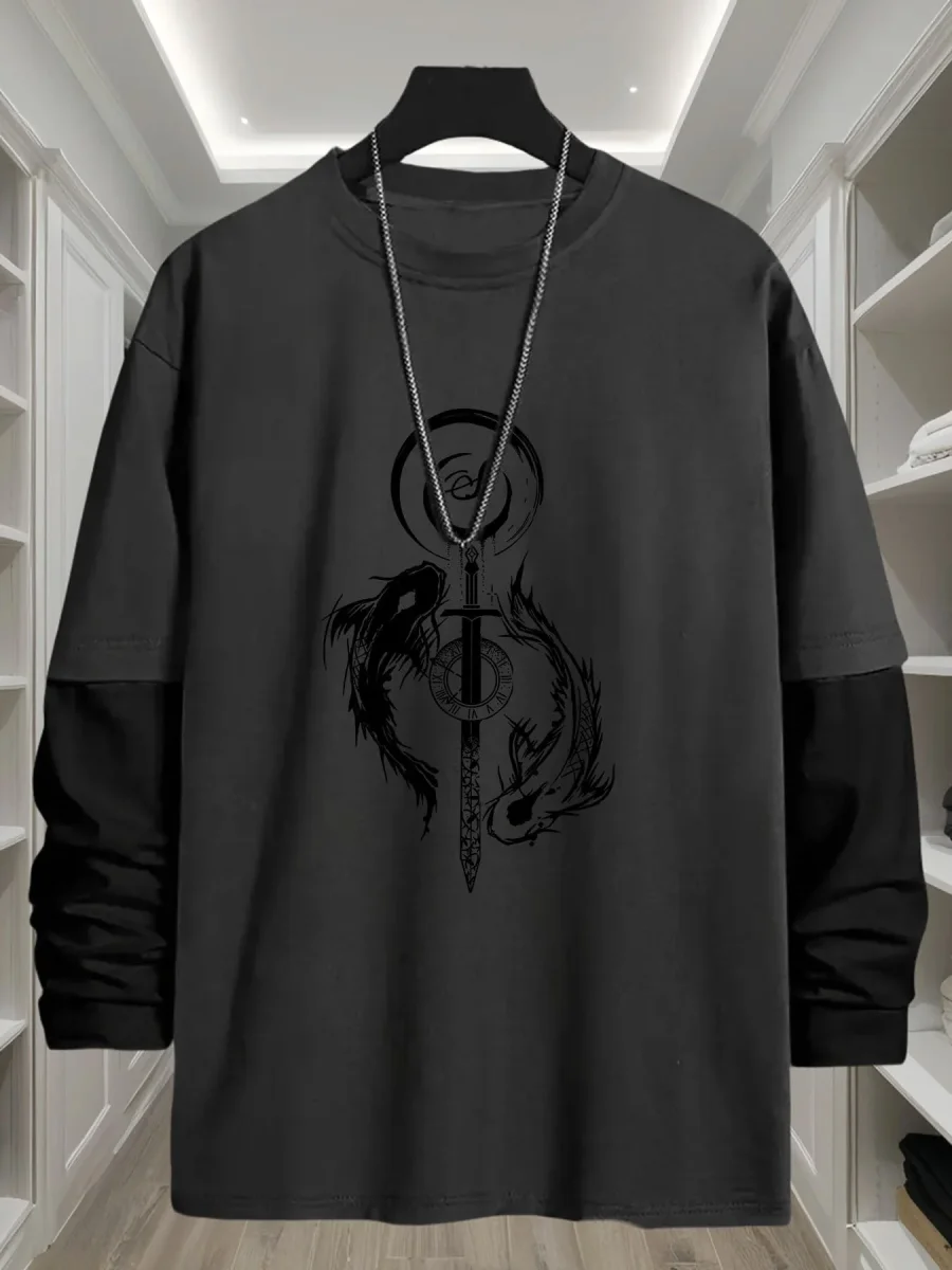 T-shirt Homme Manches Longues Bicolore Imprimé Dragon Épée - Imagen 3