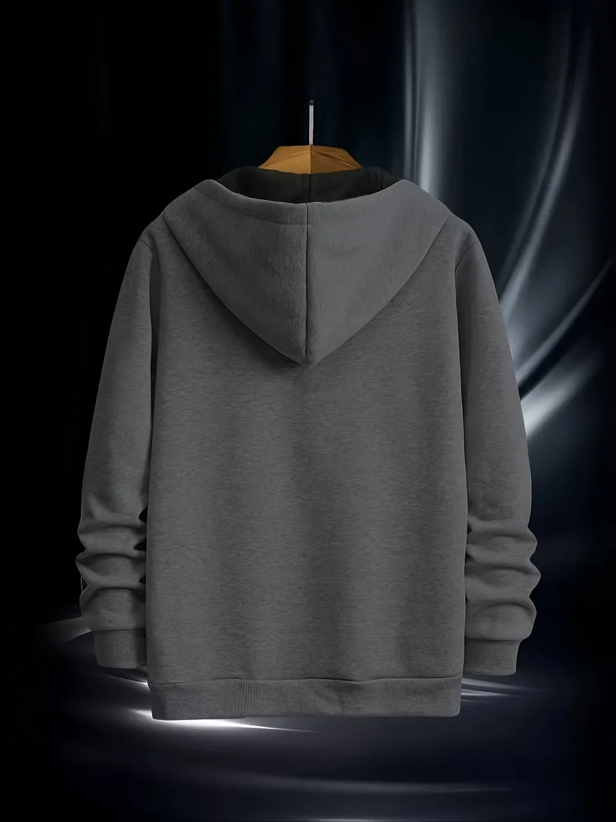 Sweat à Capuche Homme Zippé Asymétrique Couleur Unie avec Poche Kangourou - Imagen 8