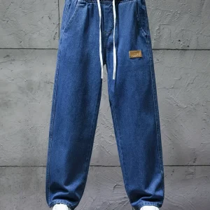 Jean décontracté bleu coupe large taille élastique cordon blanc